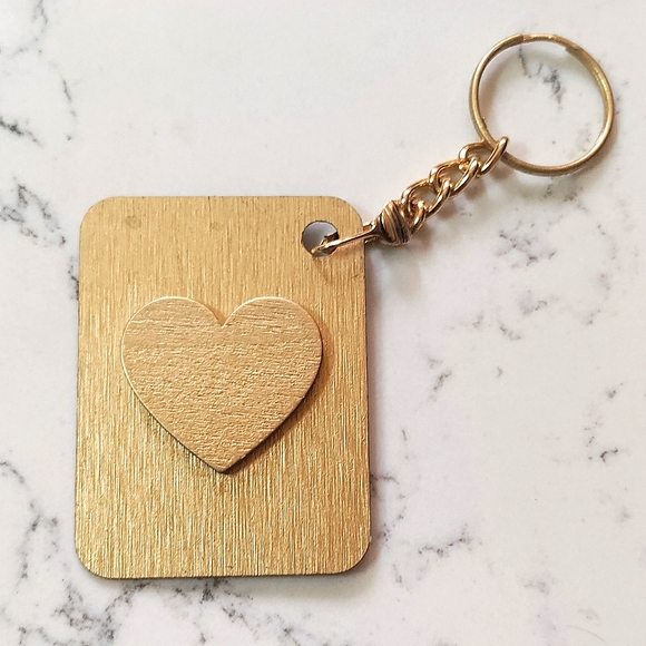 NEW Handcrafted Keychain Bag Tag! Abstract Earth. Gold Wood Heart. 2.25"x1.75" - Picture 3 of 6